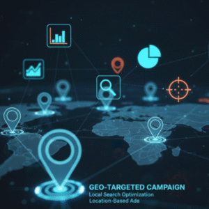 “Illustration of location pins and analytics visuals representing how brands move from SEO to GEO.”